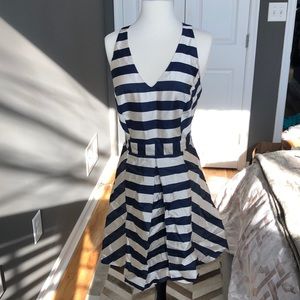 Navy and cream striped cross back dress